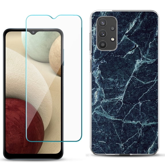 Slim-Fit TPU Phone Case compatible with Samsung Galaxy A32 5G, with Tempered Glass Screen Protector, by OneToughShield ® - Marble / Blue