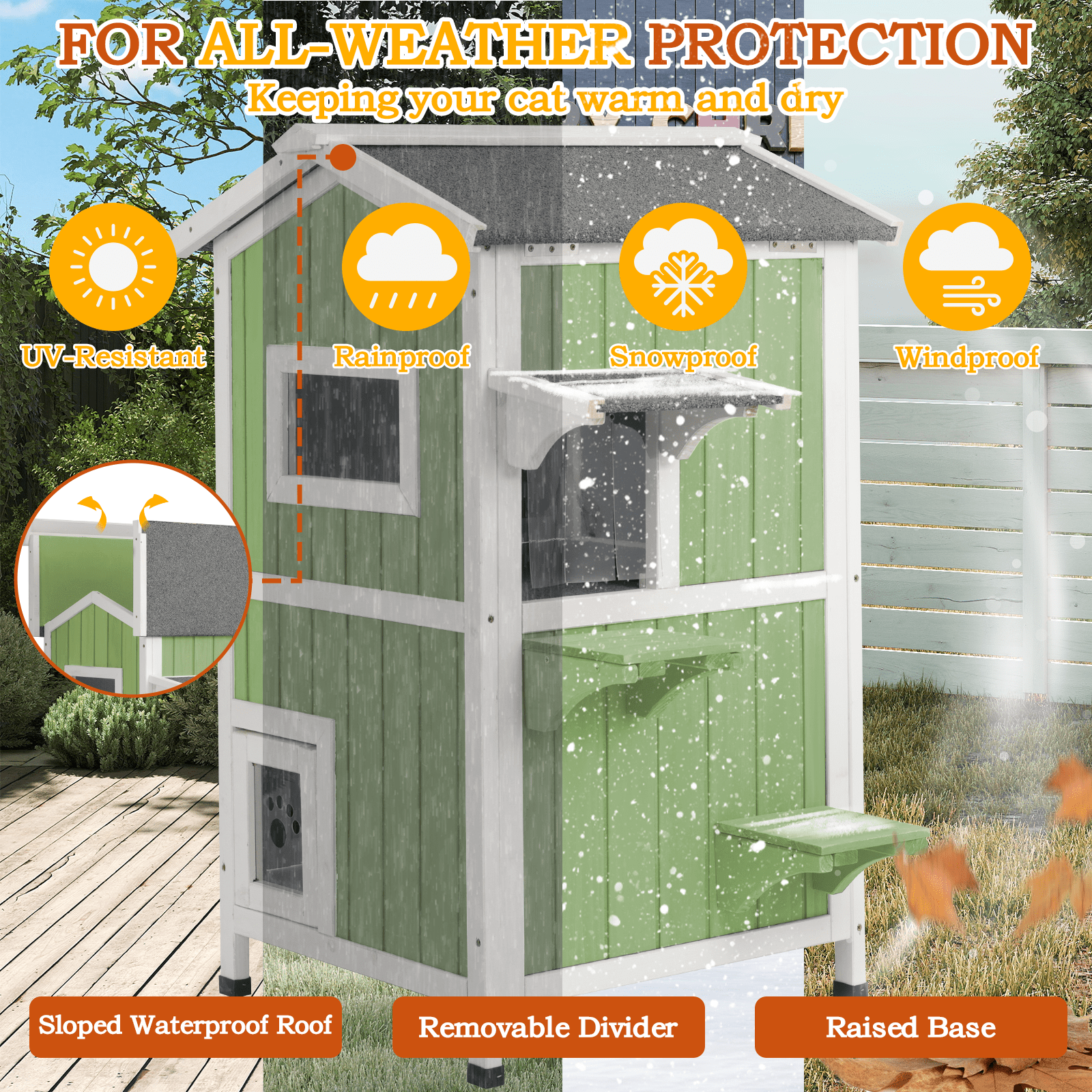 PETSCOSSET Insulated Cat House Outdoor Weatherproof All-Round Insulation Two Story Outside Wooden Feral Cat Shelter, Green