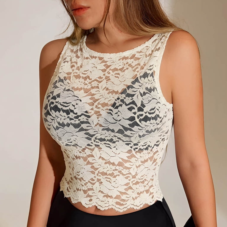 PYGNJK Women's Lace Sleeveless Crop Top Mesh Floral Embroidery