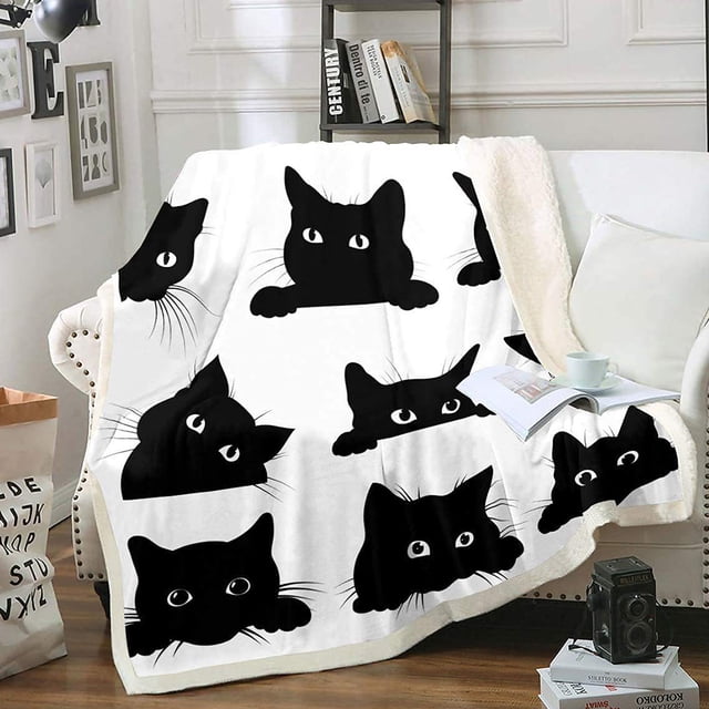 Manta con estampado de gatos negros para niños y niñas, manta polar de franela con estampado de gatos, manta de peluche con temática de animales y gatos, 130x150cm para sofá cama, manta para sofá,