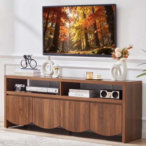 MIYZEAL 60" Walnut TV Stand for TVs Up to 70", Mid-Century Modern Entertainment Center with Scalloped Fluted Doors & Storage, Media Console for Living Room