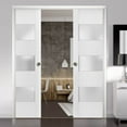 thumbnail image 3 of Sliding French Double Pocket Doors 48 x 96 inches Frosted Glass 3 Lites| Lucia 4070 White Silk | Kit Trims Rail Hardware | Solid Wood Interior Bedroom Sturdy Doors, 3 of 6
