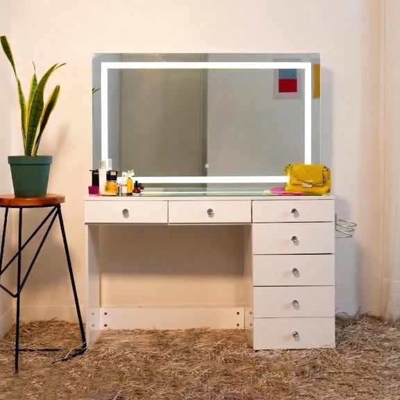 Boahaus Aria Vanity Desk with Mirror and Lights – 7 Drawer Makeup Vanity Table with Storage, Power Outlet and Speakers