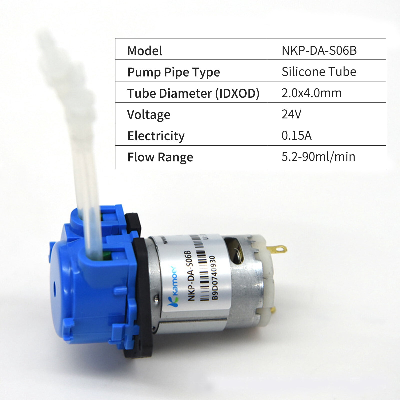 Kamoer Peristaltic Pump Aquarium Liquid Water Pump Flow Adjustable 5.2-90ml/min 24V Dosing Pump for DIY Aquarium Lab Chemical Analysis Dosing Additives 2.0x4.0mm NKP-DA-S06B