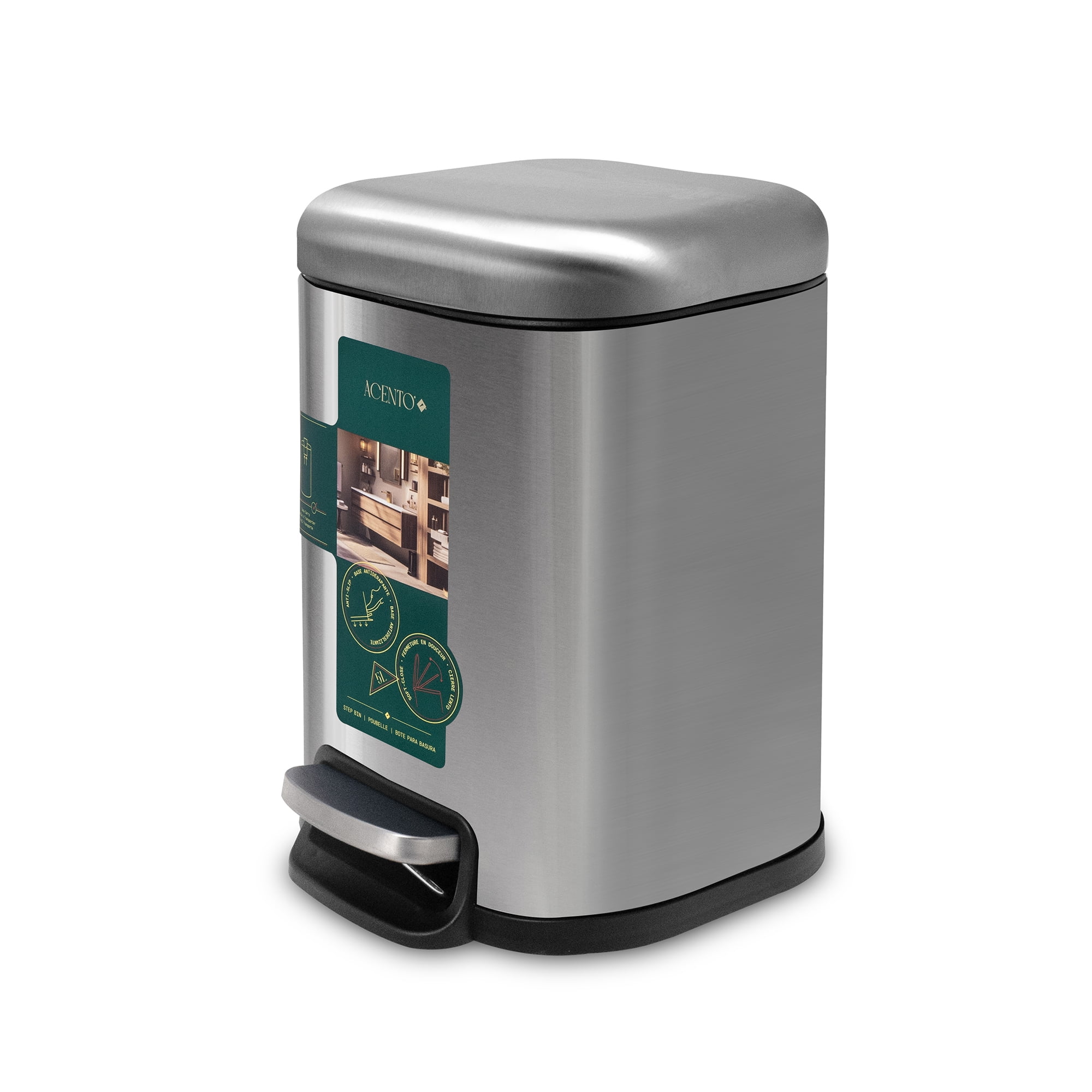 Acento Cubo Square Step Trash Can, 1.6 Gallon Compact Bathroom Waste Bin with Soft Close and Stay Open Lid, Removable Inner Bucket, Brushed Stainless Steel