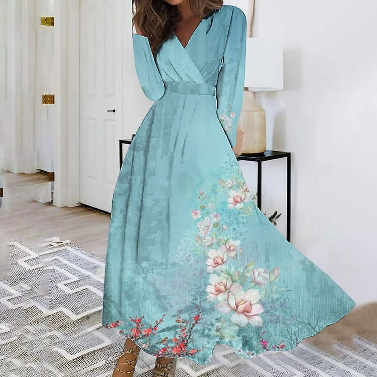 Taqqpue Women's V-Neck Floral Maxi Dress Casual Long Sleeve