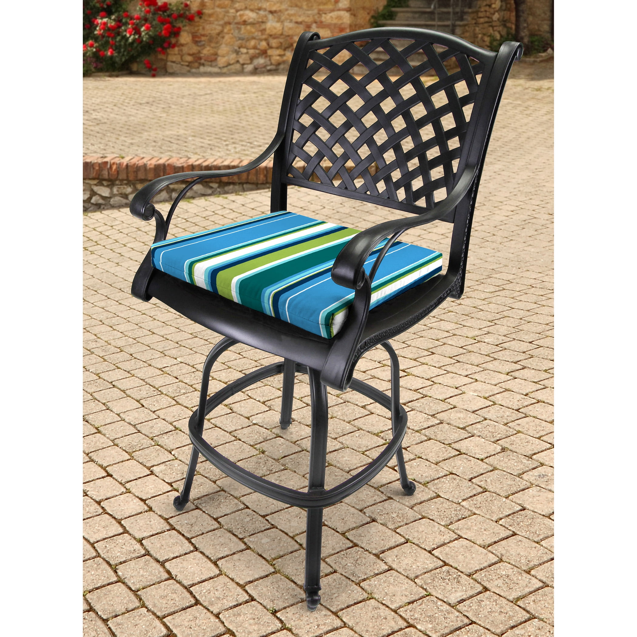 Jordan Manufacturing 17" x 19" Covert Capri Blue Stripe Rectangular Outdoor Chair Pad Seat Cushion with Ties (2 Pack)