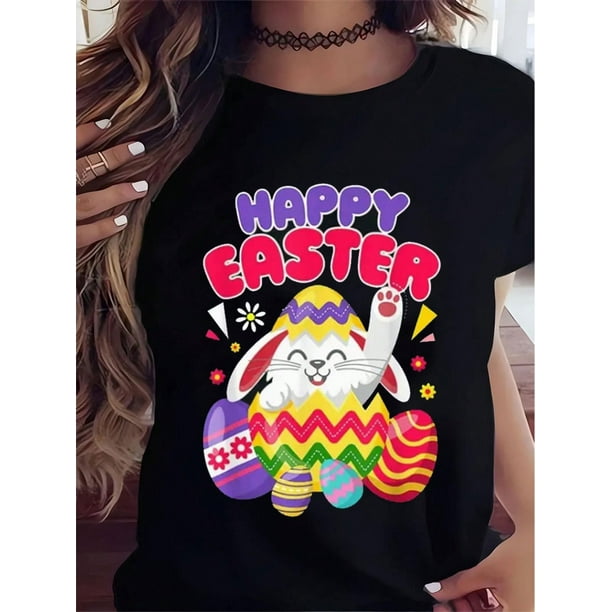 Happy Easter Bunny With Eggs Graphic Tees Soft Cotton Crew Neck Short Sleeve T-Shirt Funny Novelty Design Shirts Tee For Adult, Men, Women, Teen, Teenager, Adolescent, Youth