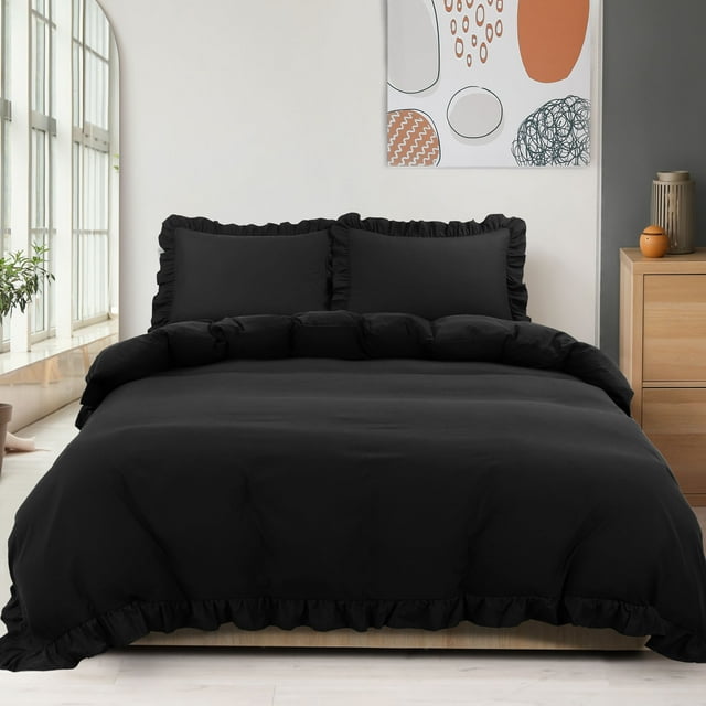 PiccoCasa 3 Pieces Soft Ruffled Brushed Duvet Cover Sets 110GSM Black King