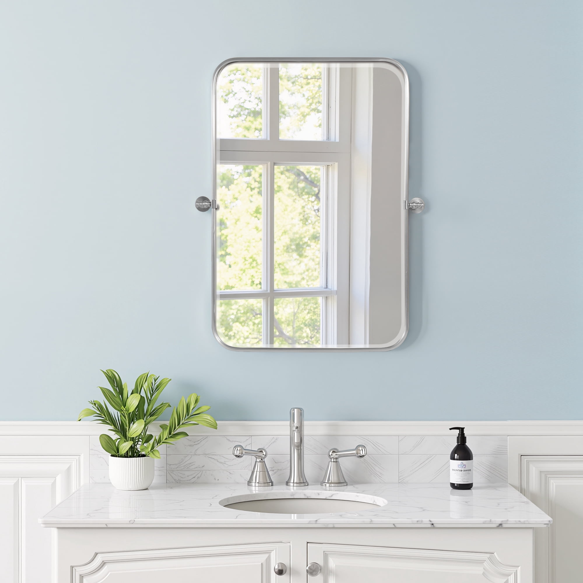 MAYEERTY 36"×24" Gold Iron Rectangular Wall Mirror Rounded Corners, Rotating Hardware for Bathroom
