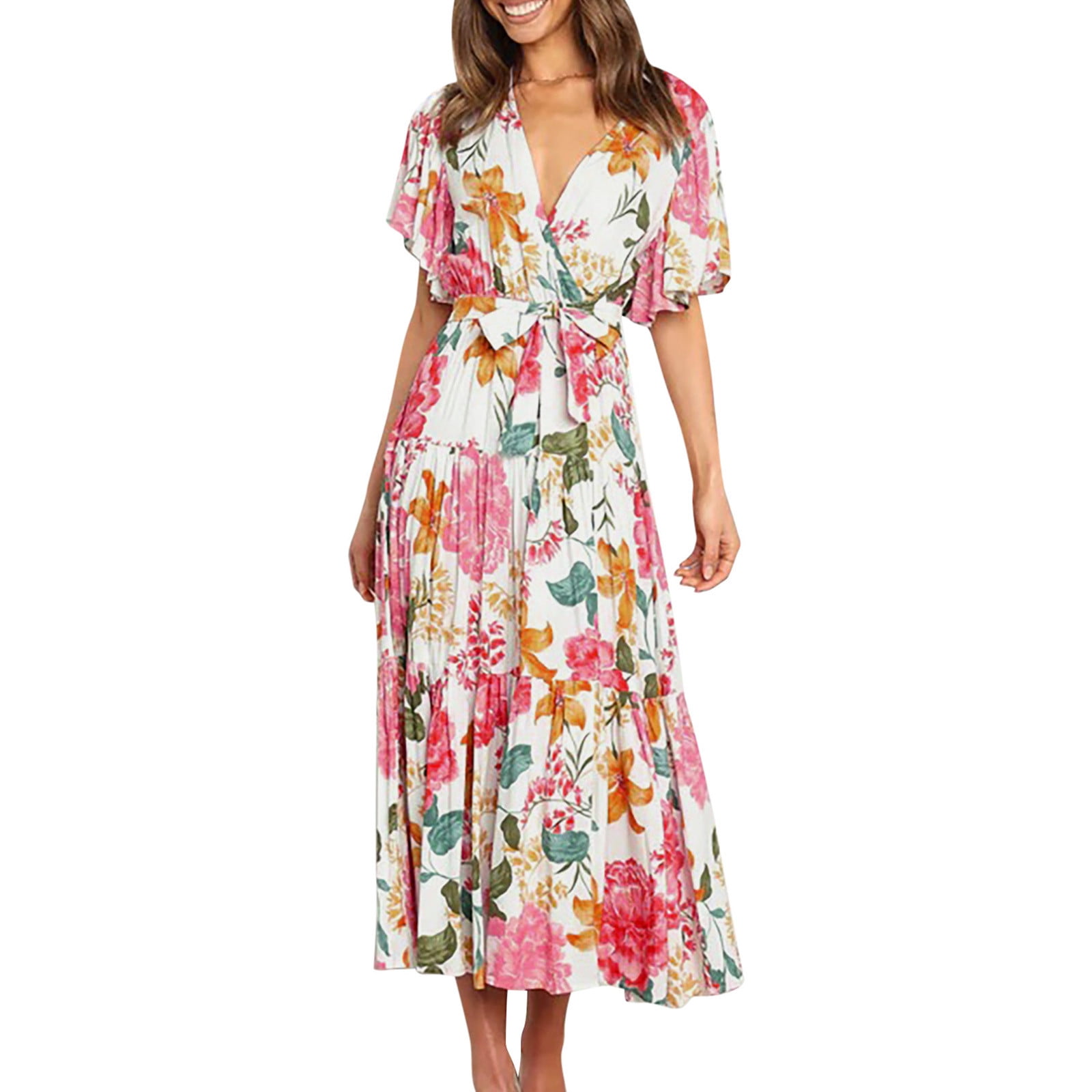 Summer Maxi Dress for Women Ruffle Floral Belt Dresses Wrap V Neck ...