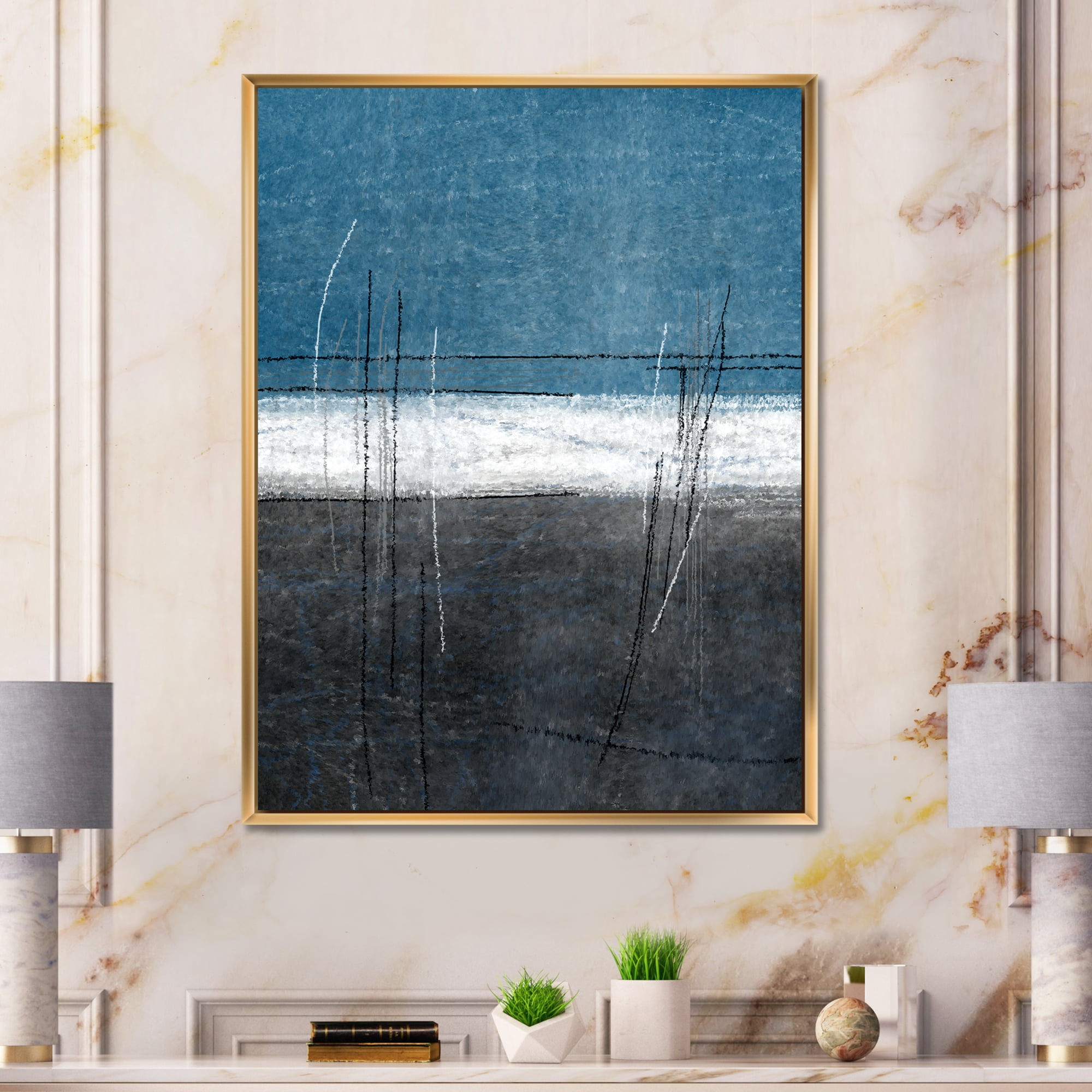 Designart 'Grey Meet Teal Abstract Art' Modern Framed Canvas Wall Art Print