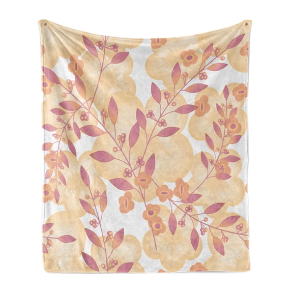 Beige Soft Flannel Fleece Throw Blanket, Pastel Berry Branches Autumn Spring Repetitive Vegetative Fresh Seasonal Graphic, Cozy Plush for Indoor and Outdoor Use, 50" x 60", Pink Peach, by Ambesonne