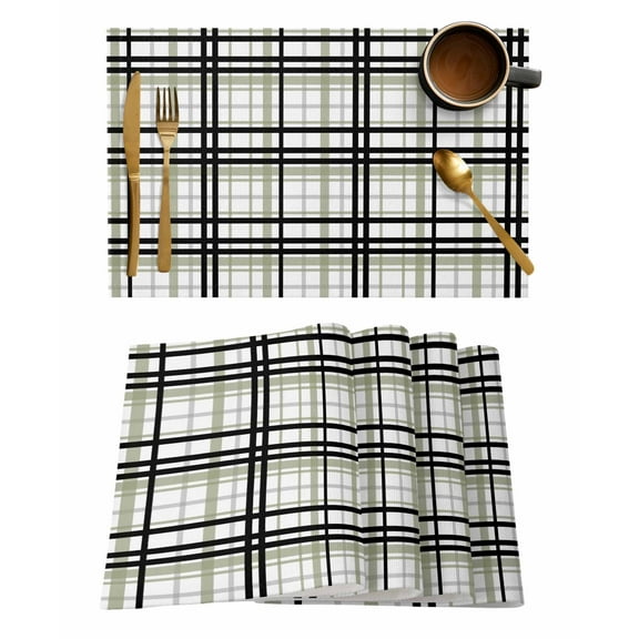 Sage Green Black Plaid Placemats Set of 6, Farmhouse Green Black Checkered Placemats for Dining Table, Place Mats for Kitchen Tabletop, Waterproof Wipeable Dining Table Mats Set