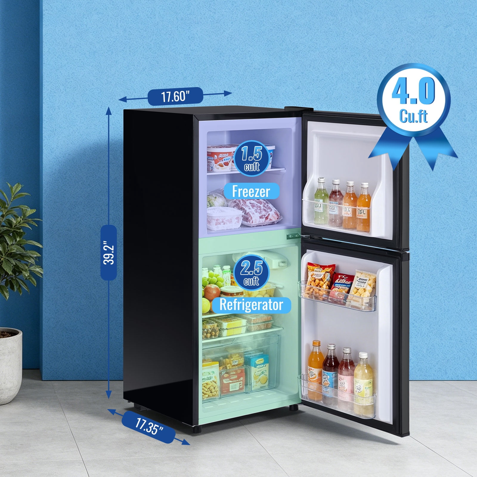DEMULLER 4.0 Cu.ft Mini Refrigerator with freezer Small Fridge Double Door Adjustable Temperature New Silver