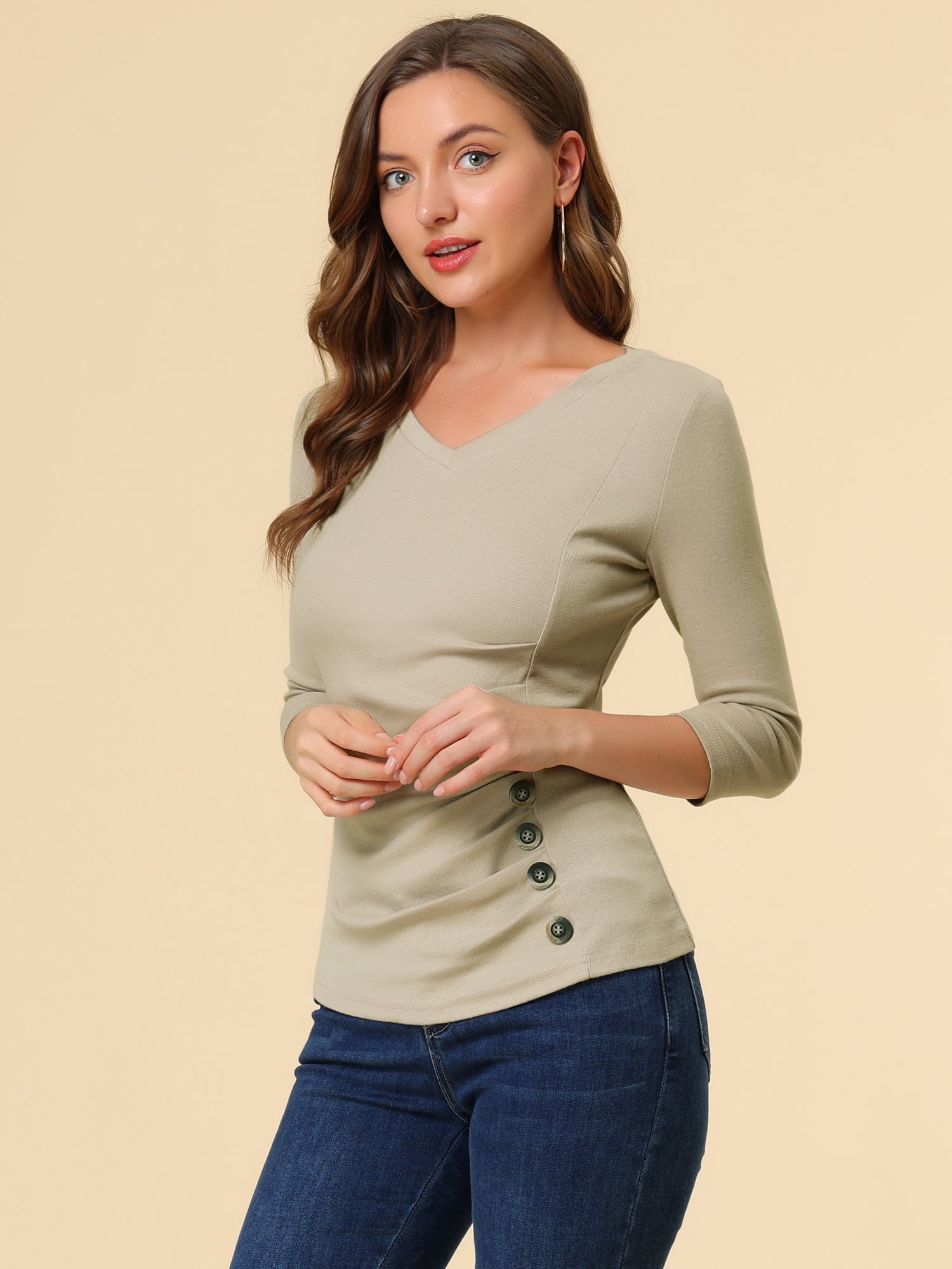 DARING DIVA V Neck Knitted Buttons Decor Ruched Blouse Top XS Light Khaki