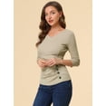 thumbnail image 2 of INSPIRE CHIC Women's Button Decor V Neck 3/4 Sleeve Solid Blouse Knitted Ruched Top, 2 of 6