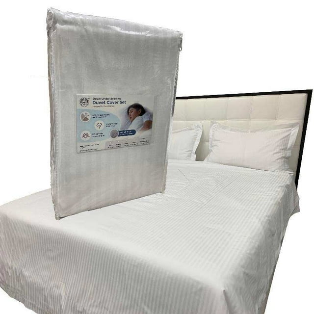 Ensemble de Housse de Couette à Rayures Classiques Blanches 400 TC 100 % Coton - Très Grand Lit