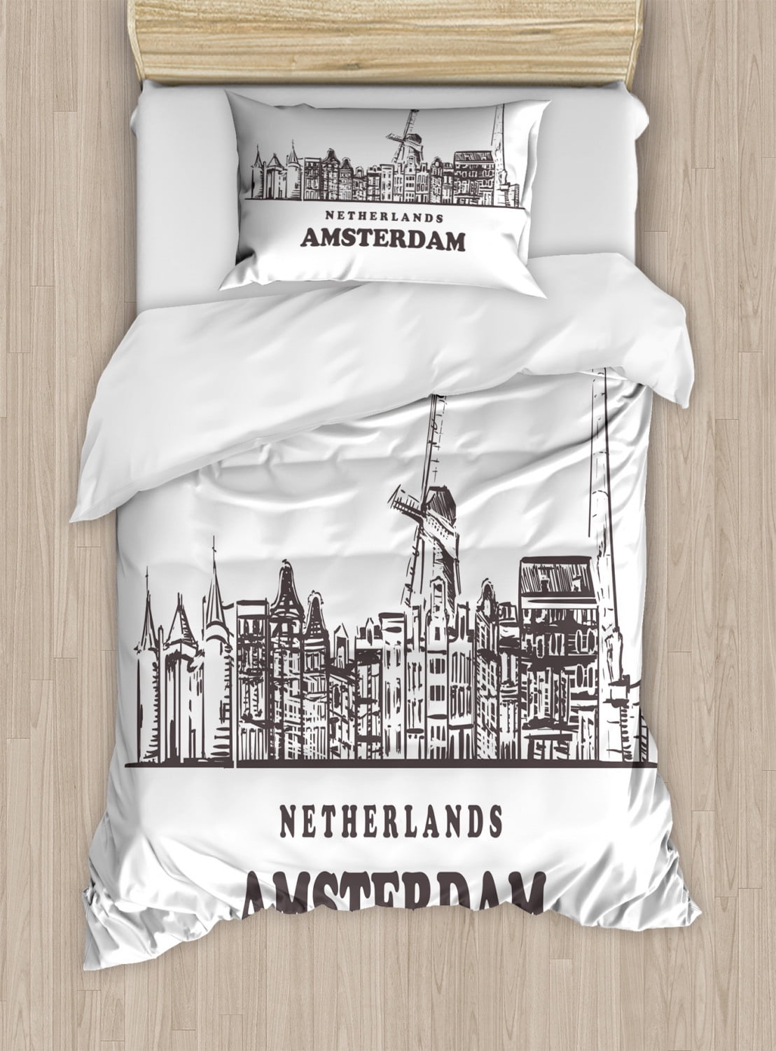 Amsterdam Duvet Cover Set Twin Size, Netherlands Calligraphy and Horizontal City Skyline on a