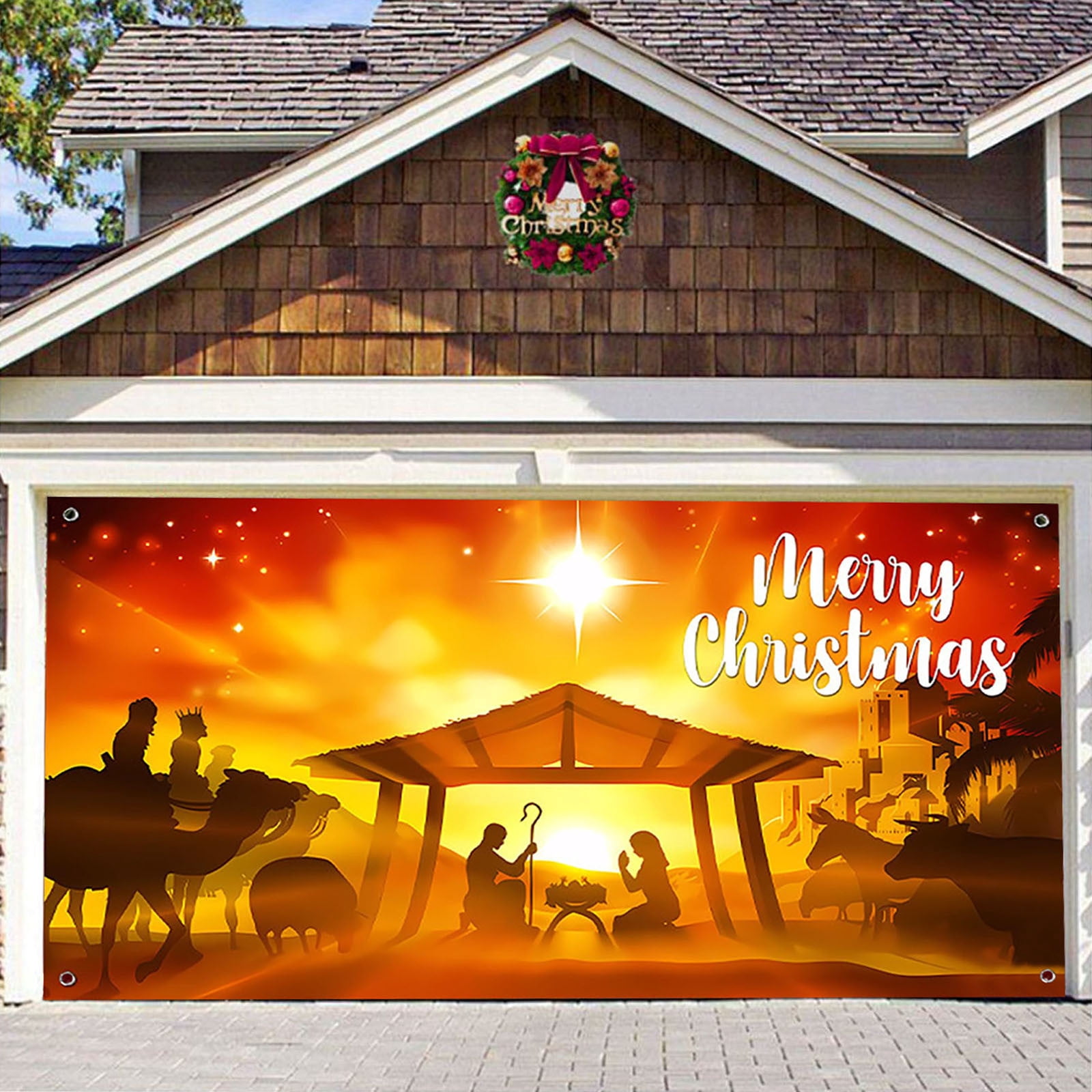 Bannière Décoration Porte De Garage Noël - Scène De La Nativité Avec Prière - Tissu Polyester, Taille 200x150cm - 8
