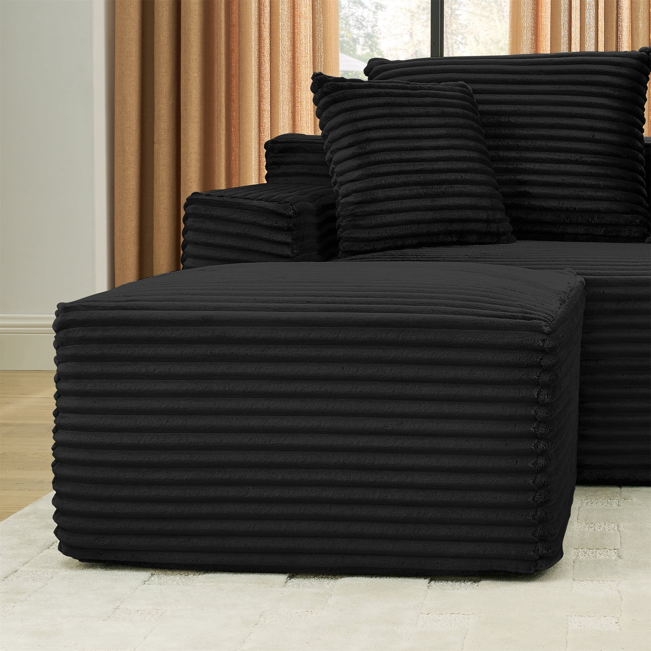 Aukfa 115" Cloud Sectional Sofa U Shape Modular Boneless Couch for Living Room, 2 Ottoman&Pillows, Corduroy, Black
