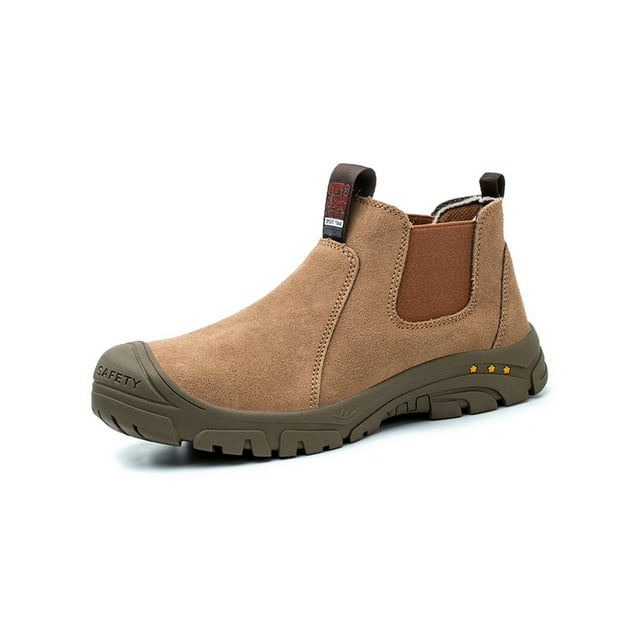 UKAP Men Work Boots Slip Resistant Protection Boot Steel Toe Safety Shoes Construction Chelsea Booties Anti Collision Camel 1# 11
