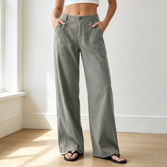 MuXiKeJi Clothes Cotton Linen Pants Women Petite High Waisted Wide Leg Trousers Summer Dressy Casual Work Slacks with Pockets