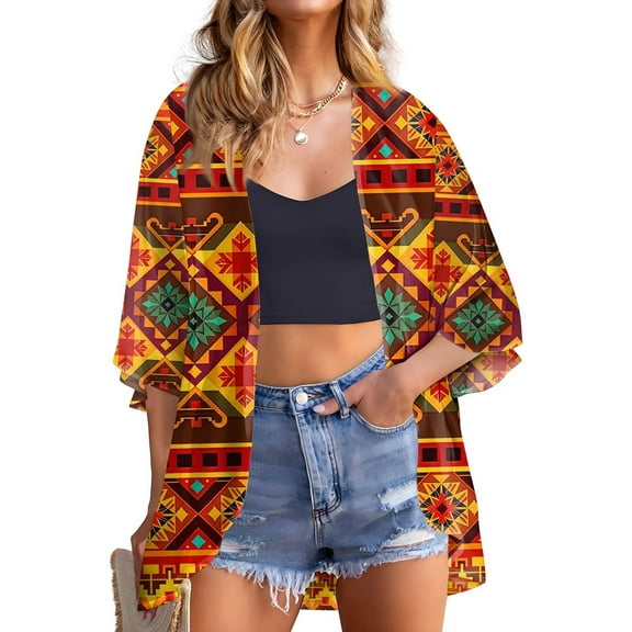 bbyeadc Women's Chiffon Cardigans 3/4 Sleeve Shrugs for Women Plus Size Lightweight Open Front Shrug Cardigan Ethnic Floral Dressy Casual Cardigan Capes, Wine 2XL