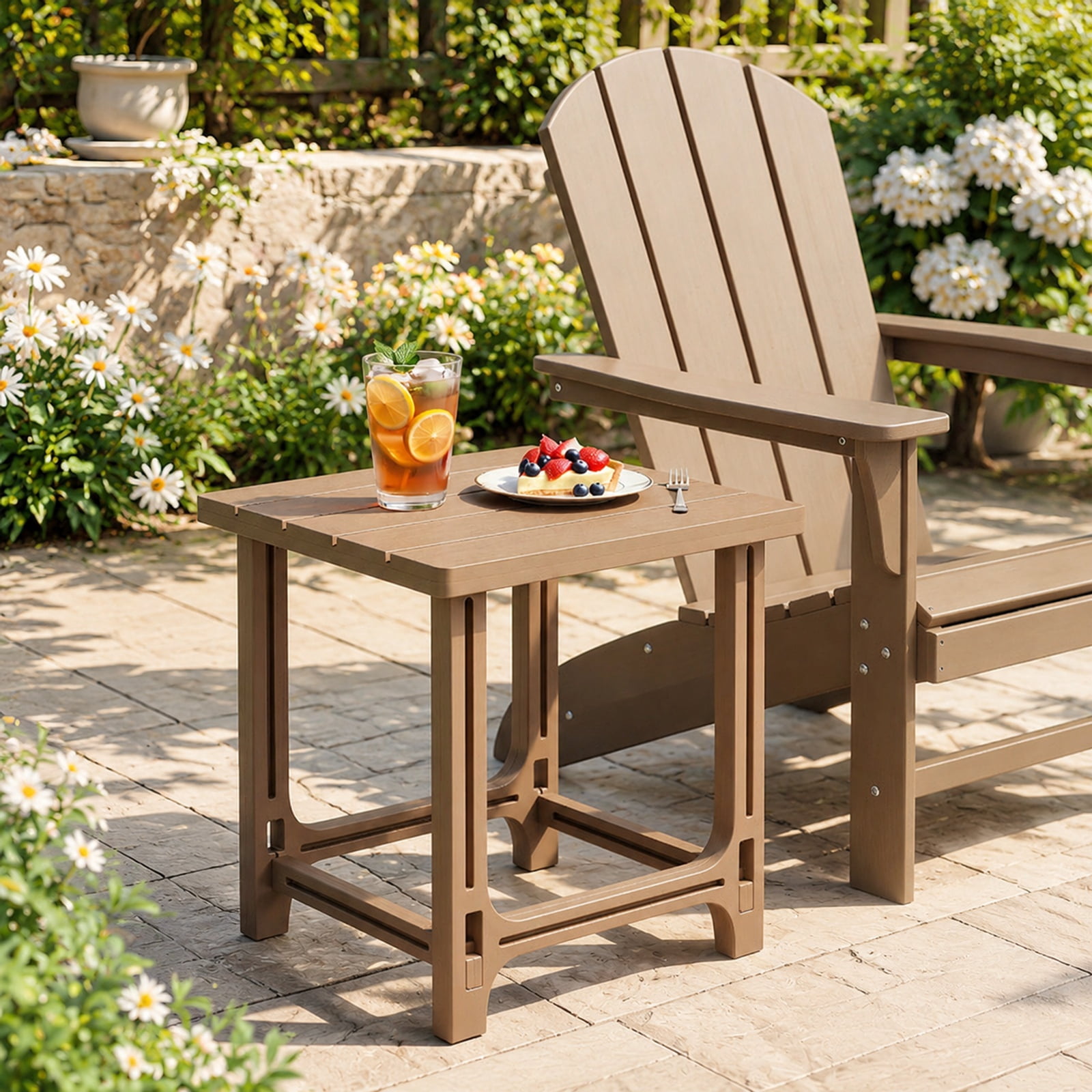 Biotree 18 Inch Adirondack Side Table, All-Weather HDPE Outdoor End Table with Wood-Look Slatted Top and 315 lbs Capacity for Deck Garden, Brown
