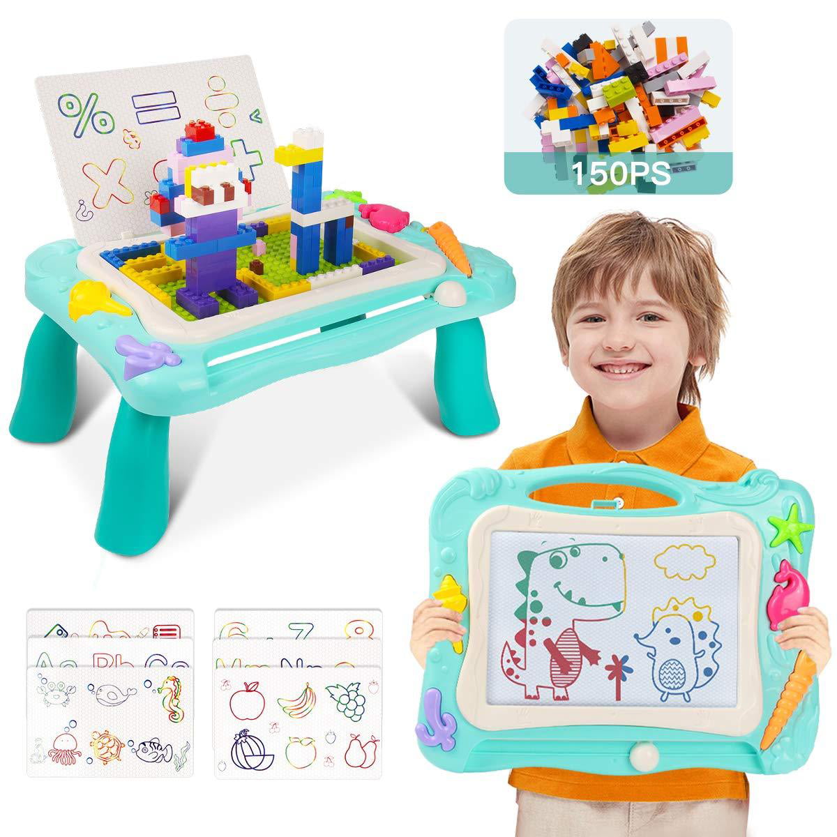 BUENAVO Kids Activity Table Set-2 in 1 Magnetic Drawing Board and Building Brick Table with 150pcs Bricks,Magnetic Colorful Writing Sketch Board Toys for 2 3 4 5 Year Old Boys Girls