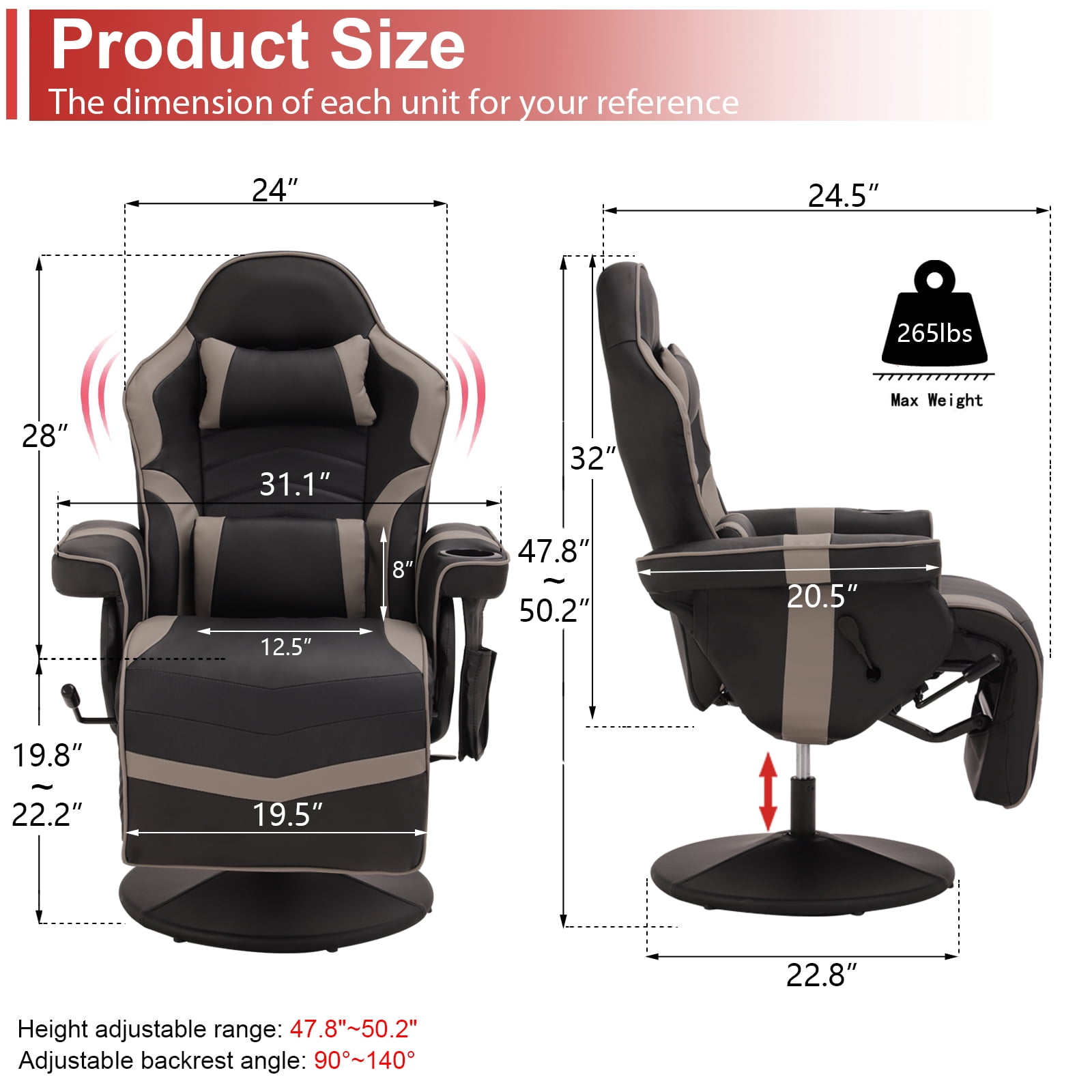 LVUYOYO Massage Video Gaming Recliner Chair Ergonomic Backrest & Seat Height Adjustment Swivel Recliner PU Leather High Back Computer Office Chair with Cupholder, Headrest, Lumbar Support, Footrest
