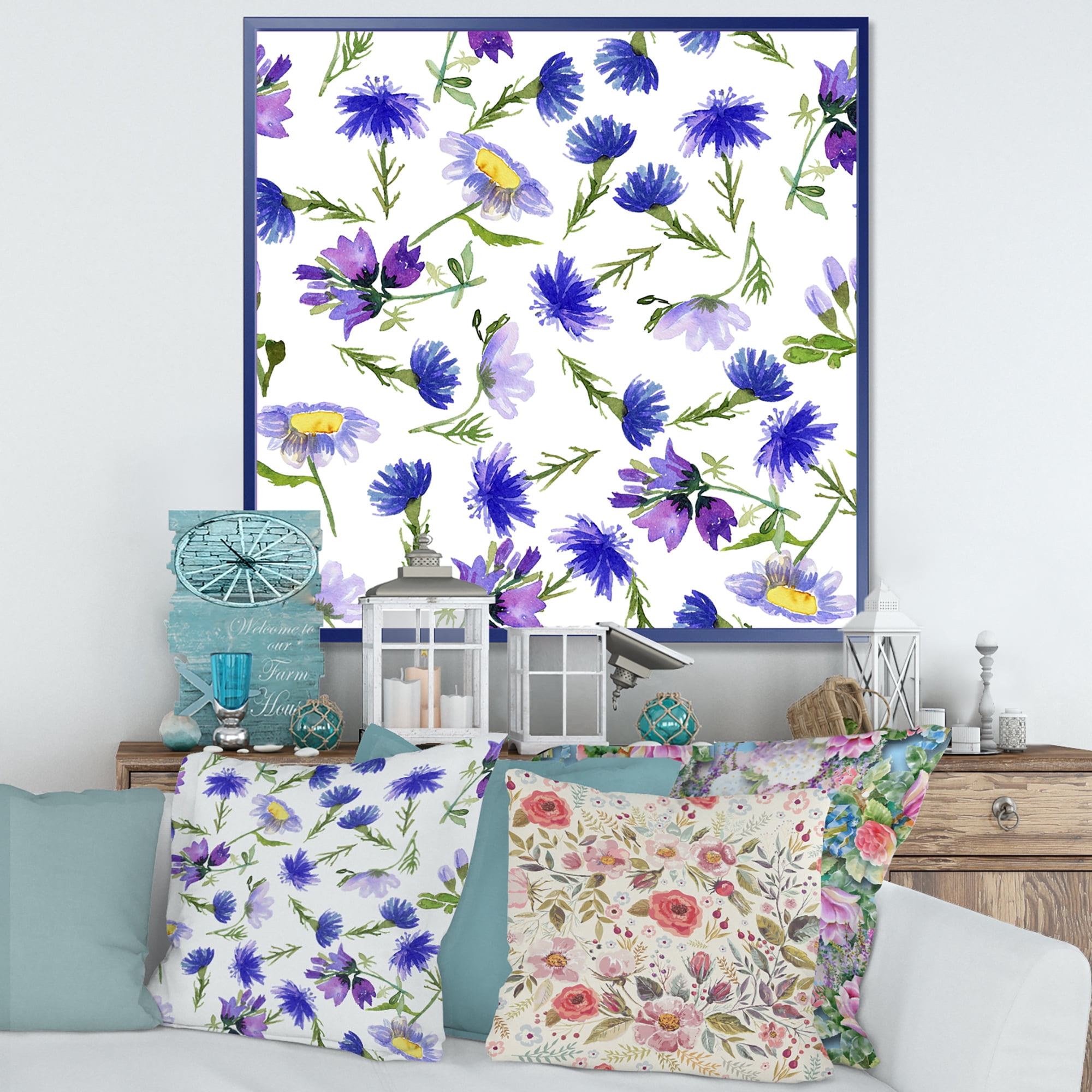 Designart 'Blue Wildflowers With Leaves III' Traditional Framed Canvas Wall Art Print