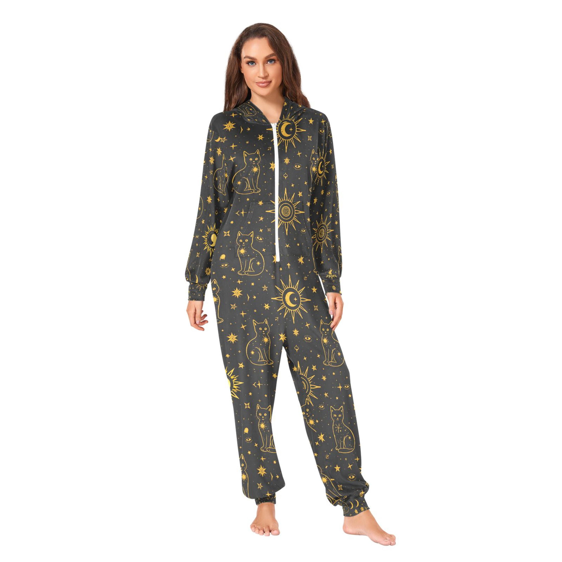 Adult Christmas Onesie Golden Edged Cat Adult Zipper One-Piece Pajamas Unisex Pajamas with Pockets
