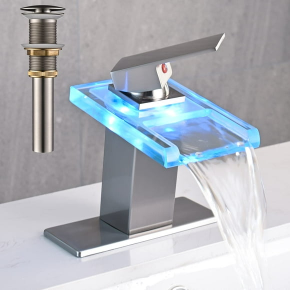 AVSIILE LED Bathroom Sink Faucet, Brushed Nickel Waterfall Single Hole Handle RV Bath Vanity Faucets for Sinks 1 Hole with Metal Pop Up Drain and 2 Water Supply Lines, Open Glass Spout