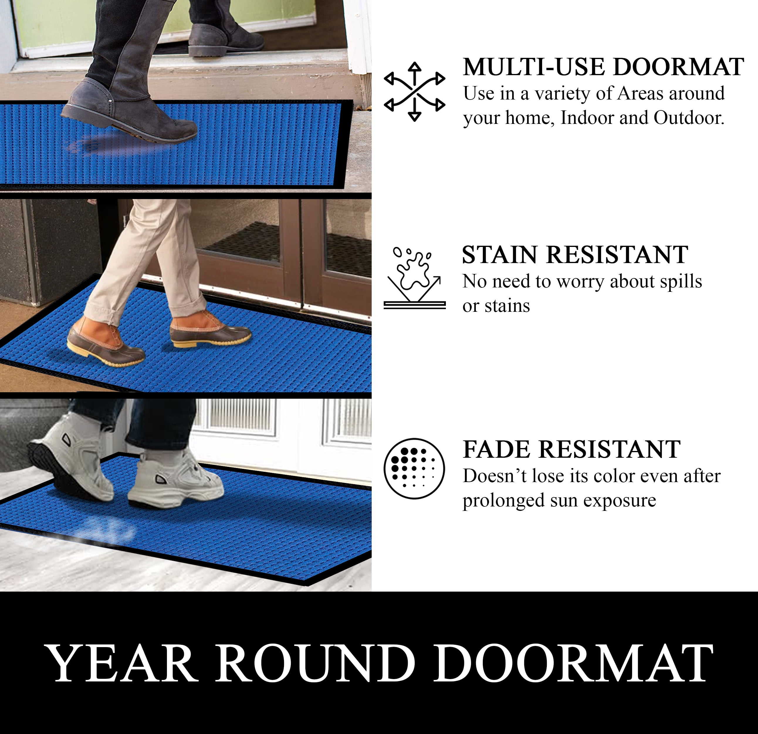 A1HC Indoor Outdoor Mat, Front and Back Entrance Welcome Mats, Front Door Patio Mats 32X48 Inches, Non-Slip Easy Clean Entrance Washable Large Size Doormat, Blue Waffle