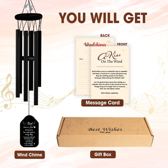 Memorial Wind Chimes Personalized for Dad, Black Sympathy Wind Chime with Crystal Pendant, Double-Sided Engraved Cardinal Tree Design, Bereavement Gift Includes Poem Card, Sunflower Card