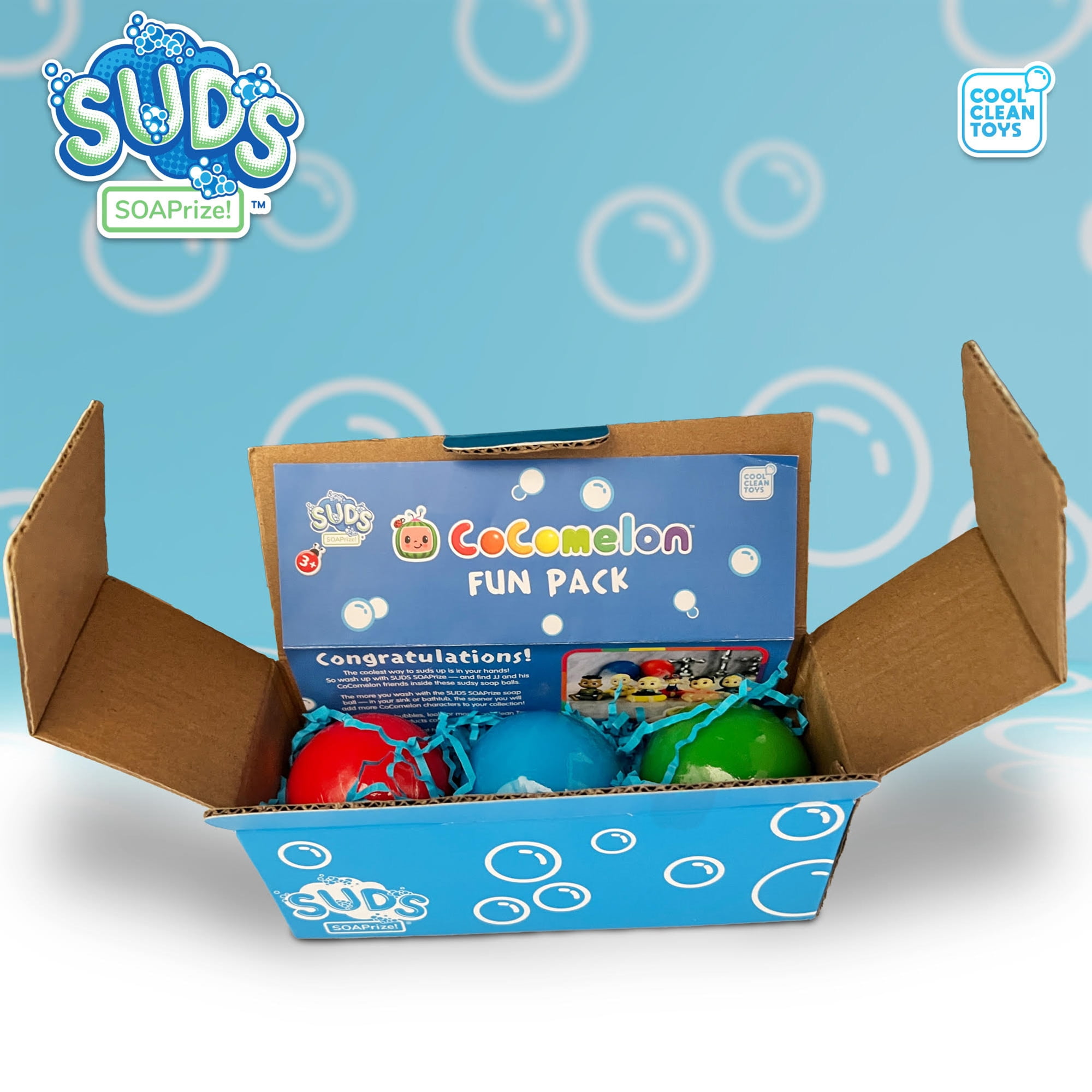 CoComelon SUDs SOAPrize Fun Pack - 3pk Includes Skipper JJ, Shark JJ, & Ballerina CeCe, Multicolored, Kids Soap Balls With Toys Inside, Item #8889