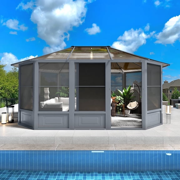 Richryce 12' x 15' Solarium Sunroom, Outdoor Hardtop Polycarbonate Roof Sun Room, Aluminum Frame Permanent Tiny House with Sliding Doors and Screens,for Garden, Patio, Lawns