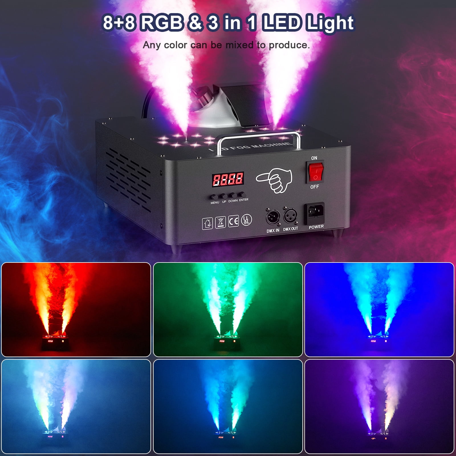 Smoke Fog Machine 2000W  Double-tube Adjustable Smoke Machine DMX512 8+8 RGB Led Stage Colorful Spray Equipment for Stage Performance Wedding Banquet