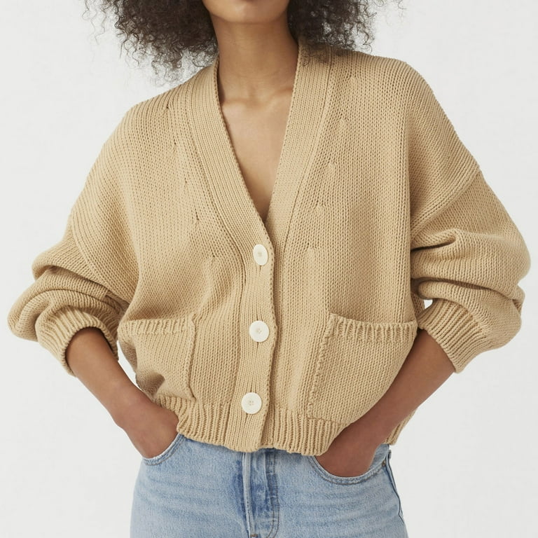Autumn And Winter Women S Long Sleeve Pocket Single V Neck Knit Cardigan Big And Tall Cardigan Sweaters plus Size Lightweight Cardigan Soft Knit