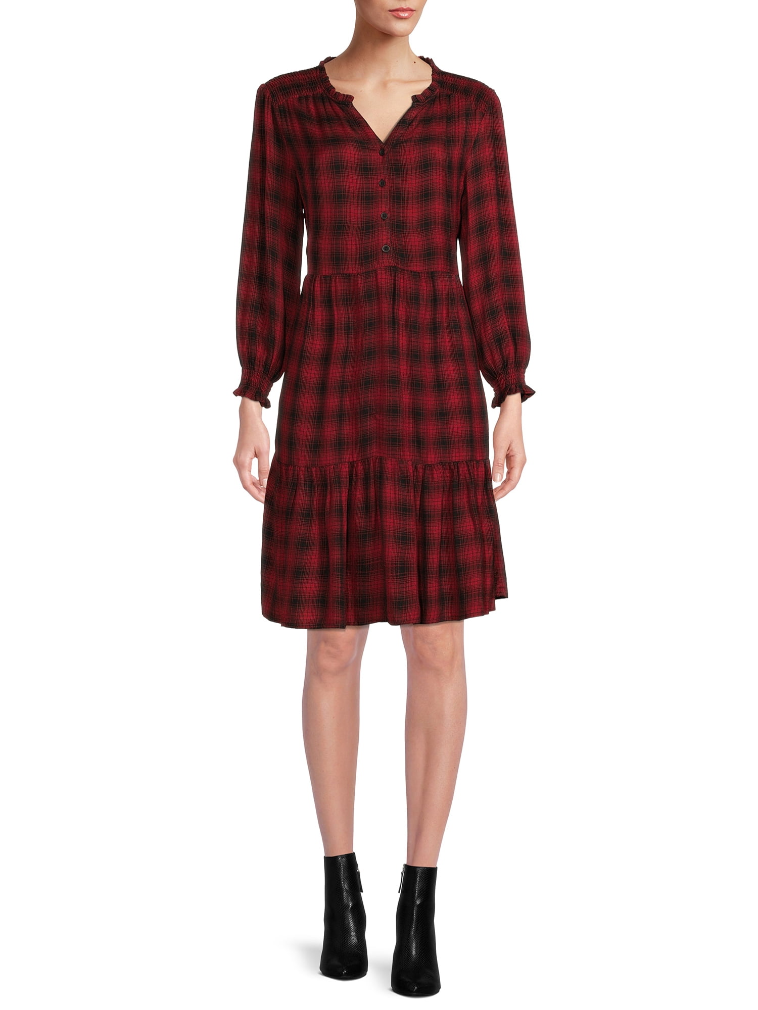 Blu White Blu Women's Smocked Shoulder Plaid Dress