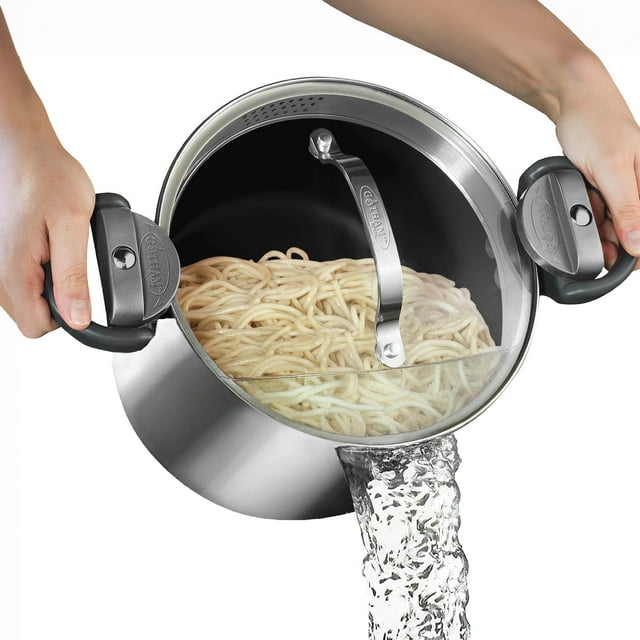 Gotham Steel 8 Qt Stainless Steel Stock Pot Multipurpose Pasta Pot with Strainer Lid & Twist and Lock Handles, for Soup, Spaghetti, Rice, Induction Ready, Dishwasher Safe