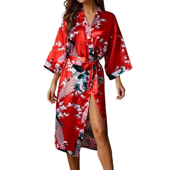 XDZJLR Women Pajama Sets Silk Satin Ladies' Print Long Robe Lightweight Bathrobe Womens Sleepwear L