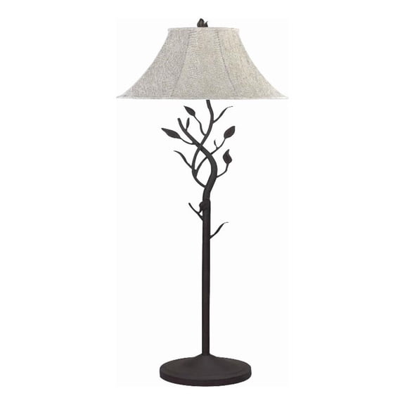 Metal Floor Lamp with Leaf Accent Body and Fabric Bell Shade,Black and Gray