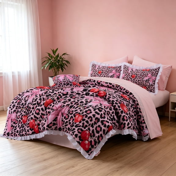 Btargot 6 Piece Pink Ruffles Bows Comforter Sets Leopard Print Wild Style Modern Full Bedding Set