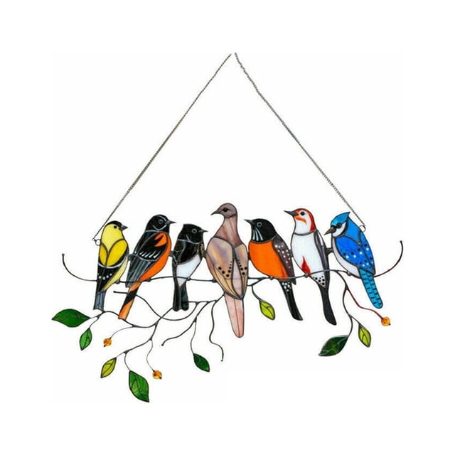 Pajaritos coloridos de acrílico para decorar ventanas - Juego de 7 aves pintadas a mano con cadenas para colgar - Adorno brillante que refleja la luz natural - Regalo perfecto para el hogar (25x15 cm)