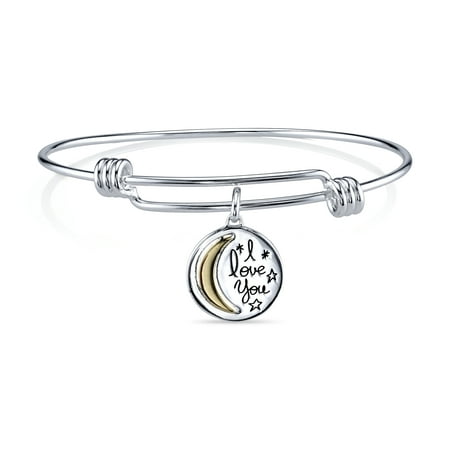 Sterling Silver "I Love You To The Moon and Back" 10k Yellow Gold Moon Charm Bangle Bracelet