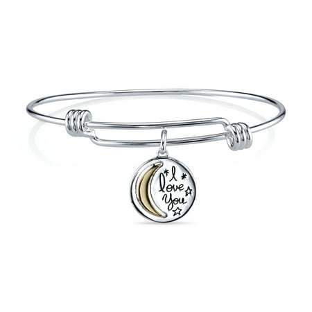 Sterling Silver I Love You To The Moon and Back 10k Yellow Gold Moon Charm Bangle Bracelet