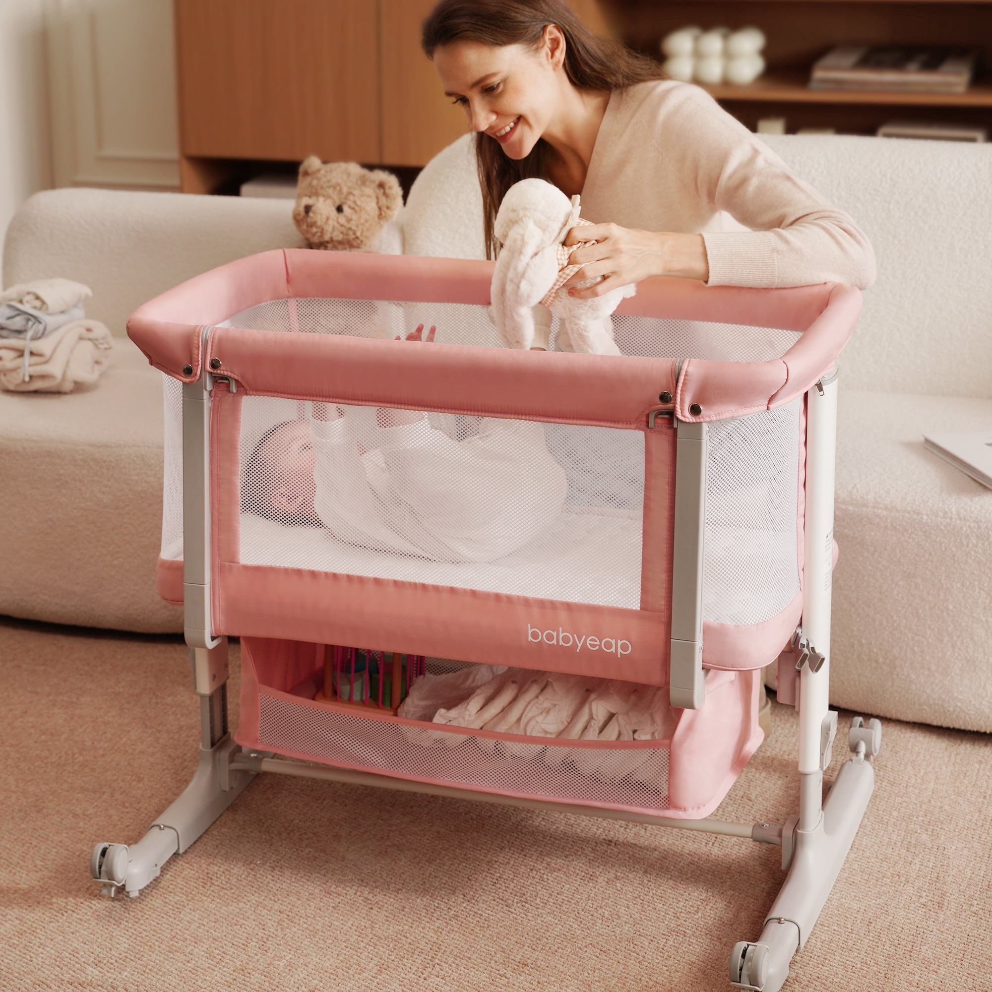 Babyeap Baby Bassinet for Newborn with Large Storage Basket, Pink