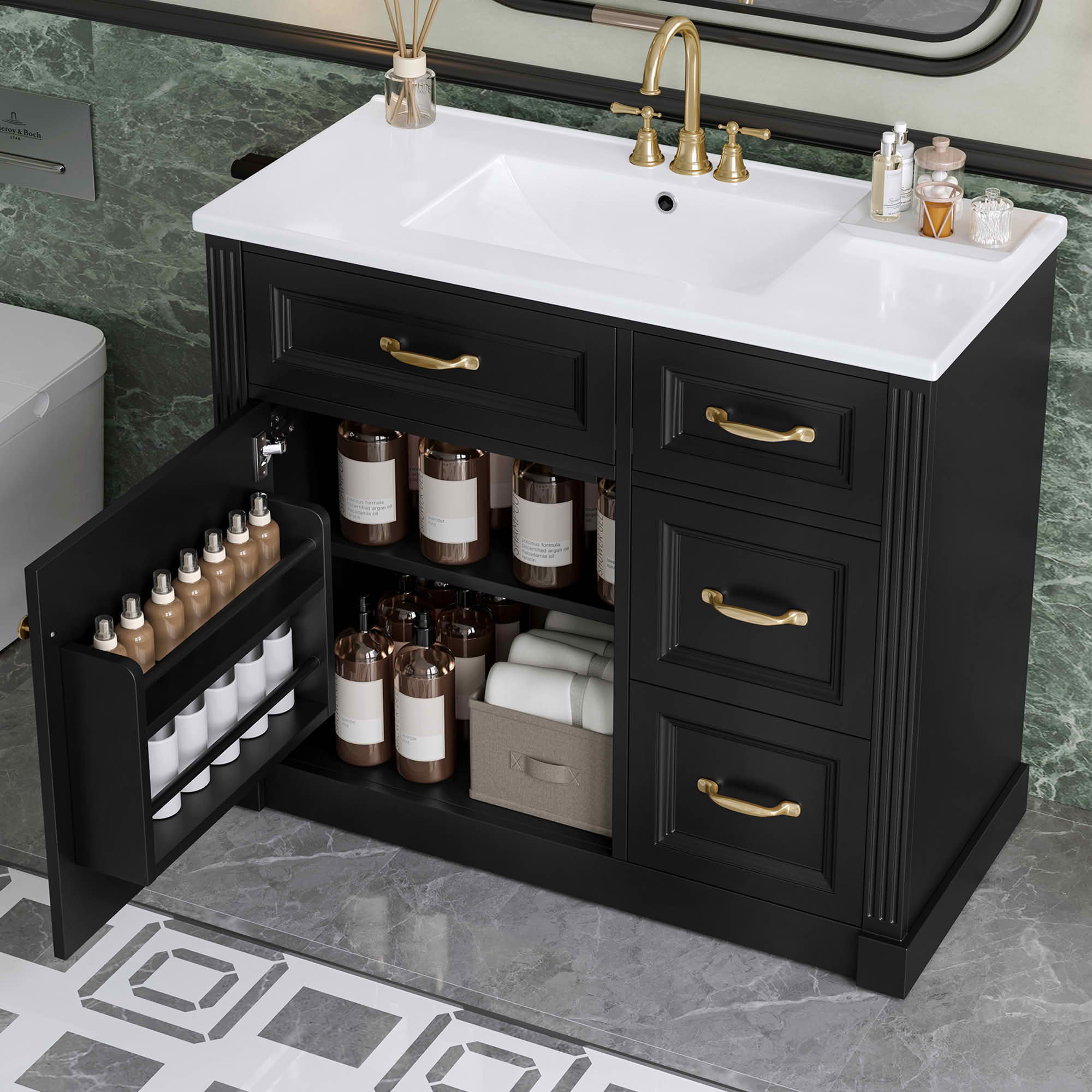 MAYEERTY 36" Bathroom Vanity with Sink 4 Drawers Soft-Close Door Adjustable Shelf Ceramic Basin Black